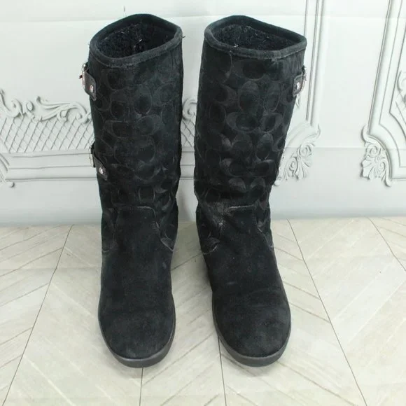 Coach Tinah Monogram Black Suede Lined Buckle Mid Calf Boots Size 7.5 B - Picture 5 of 9